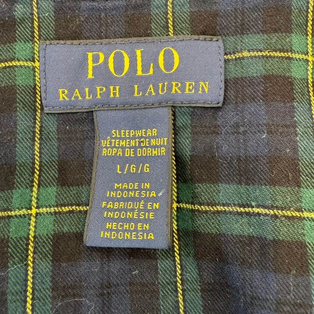 Polo Ralph Lauren Mens Large Plaid Sleepwear Pajama Shirt Navy Green Cotton L